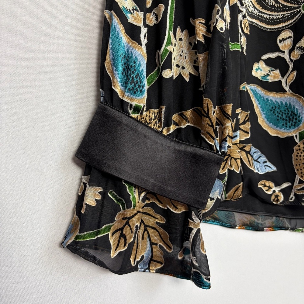 Soft Surroundings Deanna Blouse Sz L Metallic Shimmer Floral Asian Keyhole Lined - Picture 4 of 16